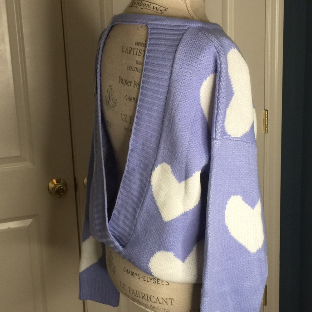 Lavendar S/M Sweater Open Back w/ White Hearts Reversible Plunge Top - Picture 3 of 5